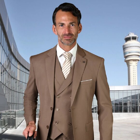 Mens 2 Button Slim Fit Wool Suit With Double Breasted Vest in Bronze - Picture 1 of 2